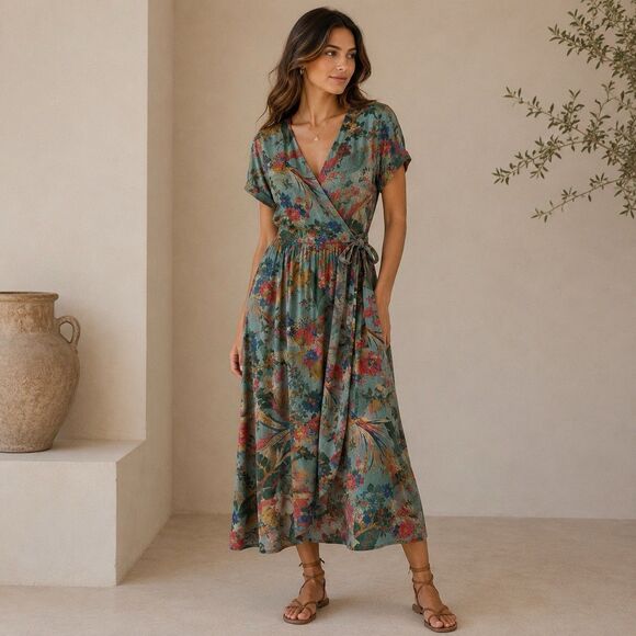 Sezane Dresses & Skirts - Sezane Tropical Floral Midi Wrap Dress Linen Hawaiian Birds Sz 40 (US 8) Classic
